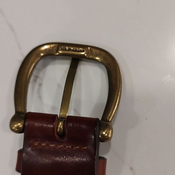 Express Perforated Brown Italian Leather Belt Solid Brass Buckle - Picture 7 of 10